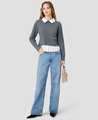 French Connection Aleyna Knit Combo Collared Pullover In Stone Heather Grey,winter White
