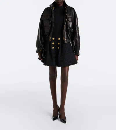 Balmain Cropped Leather Jacket In Black