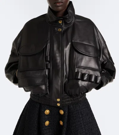 Balmain Cropped Leather Jacket In Black