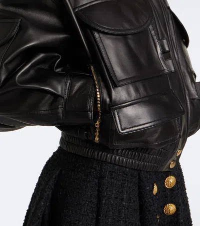 Balmain Cropped Leather Jacket In Black