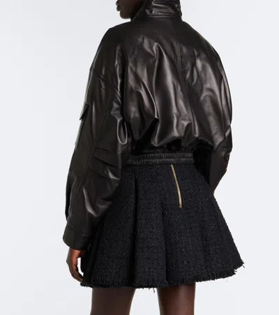 Balmain Cropped Leather Jacket In Black