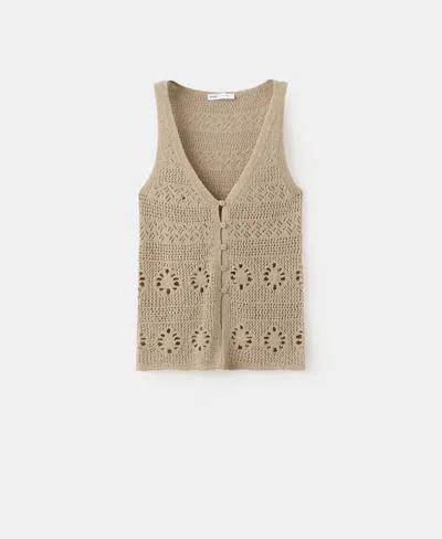 Mango Crocheted Button Front Vest In Light Pastel Brown