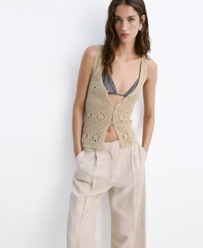 Mango Crocheted Button Front Vest In Light Pastel Brown