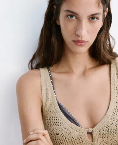Mango Crocheted Button Front Vest In Light Pastel Brown