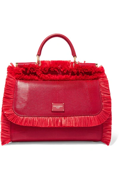 Dolce & Gabbana Sicily Medium Raffia-trimmed Lizard-effect Leather Tote