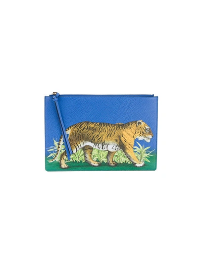 Gucci Tiger Print Leather Pouch In Blue Leather