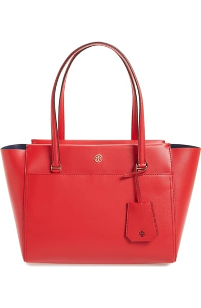 Shop Tory Burch Small Parker Leather Tote In Cherry Apple/ Royal Navy