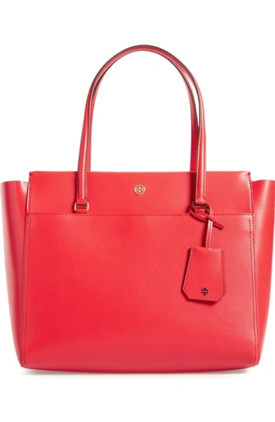 Shop Tory Burch Parker Leather Tote In Cherry Apple/ Royal Navy
