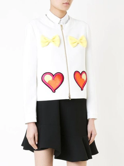 Shop Boutique Moschino Embroidered Hearts Bow Applique Jacket In White