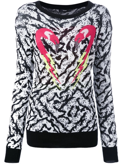 Diesel Flamingo Jacquard Cotton Knit Sweater In Black/white