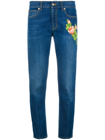 Gucci Embroidered Denim Pant In Blue
