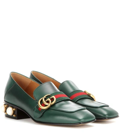Shop Gucci Leather Mid-heel Loafers In Green