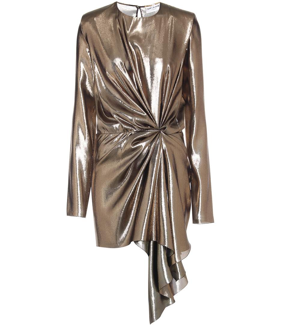 Saint Laurent Asymmetric Draped Silk-blend Lamé Mini Dress In Or | ModeSens