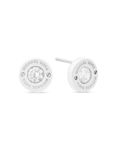 Shop Michael Kors Logo Stud Earrings In Silver/white