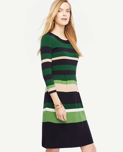 Ann Taylor Stripe Flare Sweater Dress In Green Eden | ModeSens