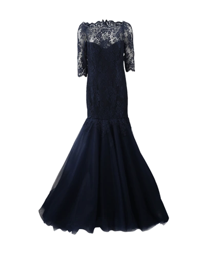 Monique Lhuillier Lace Over Tulle Gown In Midnight