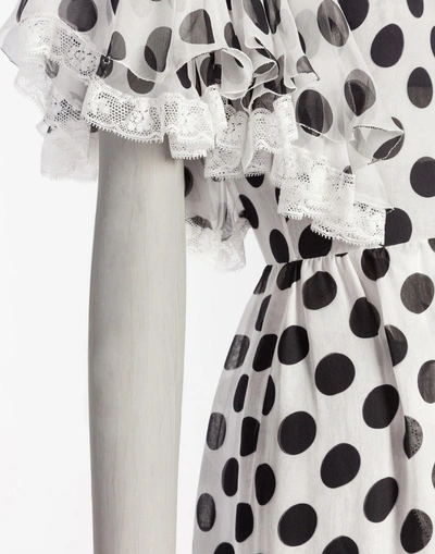 Shop Dolce & Gabbana Printed Chiffon Silk Dress With Lace Details In Polka Dot Print