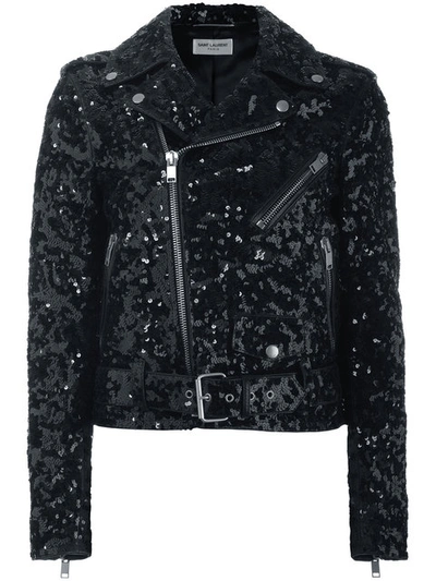Saint Laurent Leather And Sequins Jacket In Black Ivory|nero