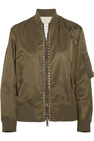 Shop Valentino The Rockstud Satin Bomber Jacket In Army Green