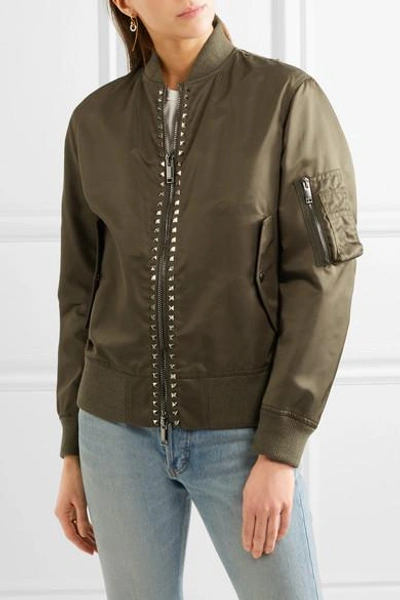 Shop Valentino The Rockstud Satin Bomber Jacket In Army Green