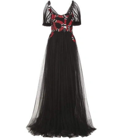 Shop Gucci Embellished Tulle Gown In Black