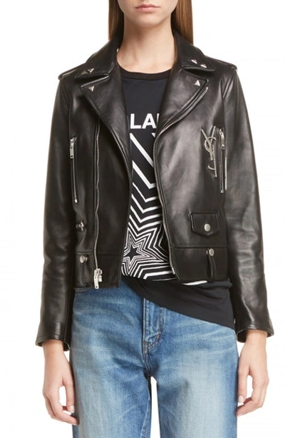 Shop Saint Laurent Ysl Logo Classic Leather Moto Jacket In Black/silver