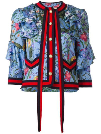 Gucci Women's New Flora Ruffled Silk Jacket In Blue