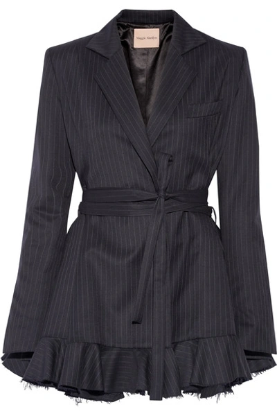 Maggie Marilyn Woman Give Me Strength Ruffle-trimmed Pinstriped Wool Blazer Navy