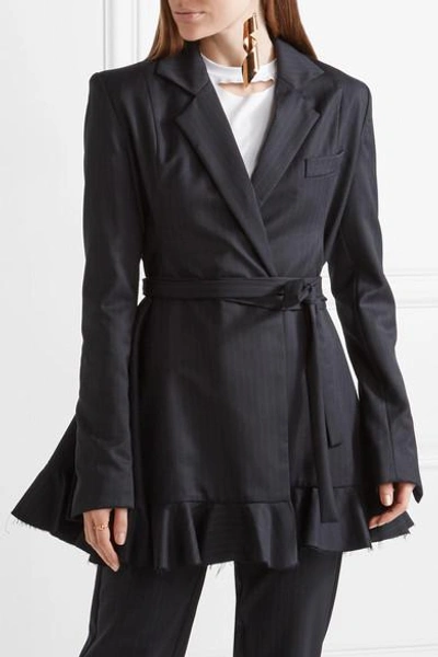 Shop Maggie Marilyn Give Me Strength Ruffle-trimmed Pinstriped Wool Blazer