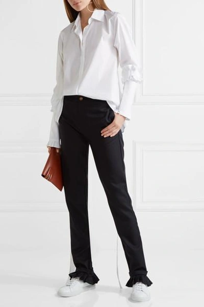 Shop Maggie Marilyn Don't Frill With Me Ruffle-trimmed Pinstriped Wool Skinny Pants