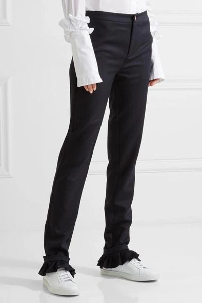Shop Maggie Marilyn Don't Frill With Me Ruffle-trimmed Pinstriped Wool Skinny Pants