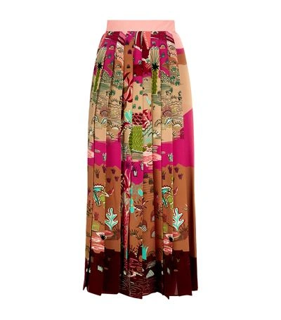 Valentino Woman Pleated Printed Silk Crepe De Chine Midi Skirt Pink In Multicolor
