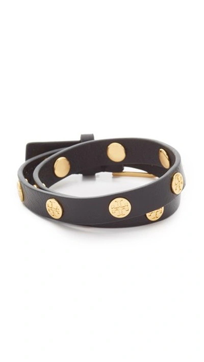 Shop Tory Burch Double Wrap Logo Stud Bracelet In Black/shiny Gold