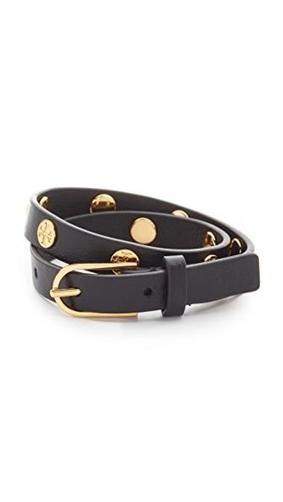 Shop Tory Burch Double Wrap Logo Stud Bracelet In Black/shiny Gold