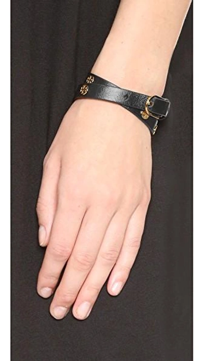 Shop Tory Burch Double Wrap Logo Stud Bracelet In Black/shiny Gold