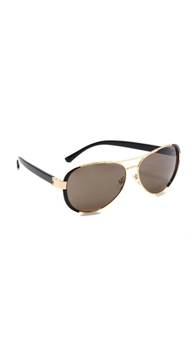 Tory Burch Capped Monochromatic Aviator Sunglasses, Black In Gold Black/brown
