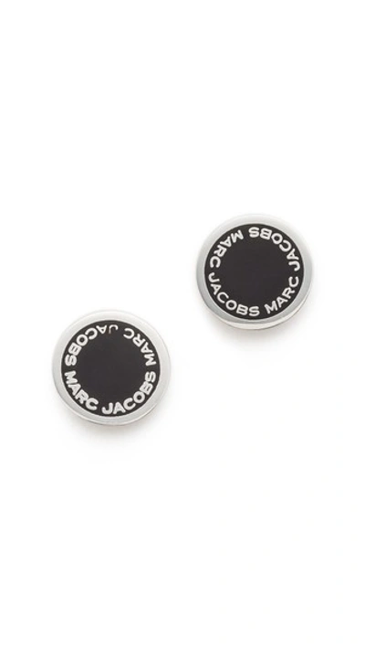Shop Marc Jacobs Enamel Logo Disc Stud Earrings In Black/argento