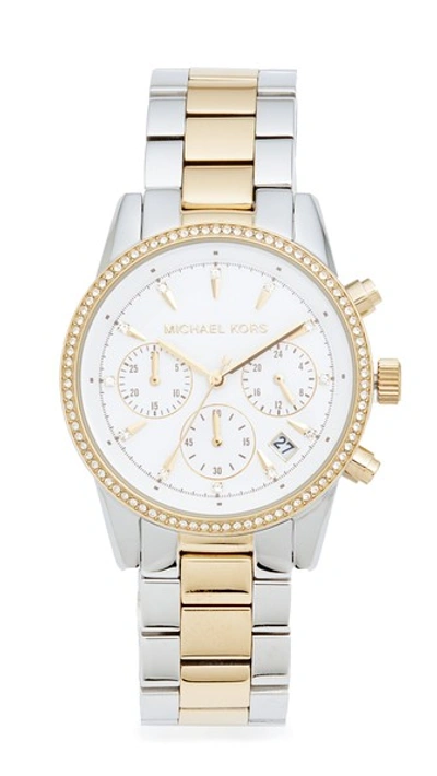 Michael Kors Women's Ritz Two-tone Stainless Steel Chronograph Bracelet Watch In Silver Yellow Gold