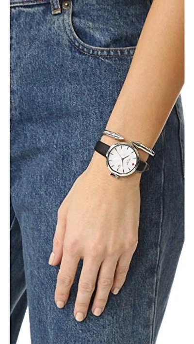 Shop Kate Spade Park Row Leather Watch In Black/white/stainless Steel