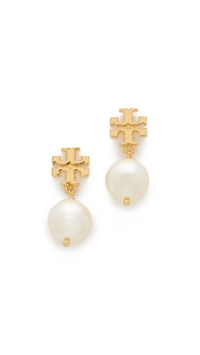 Shop Tory Burch Swarovski Crystal Imitation Pearl Drop Earrings In Ivory/shiny Gold