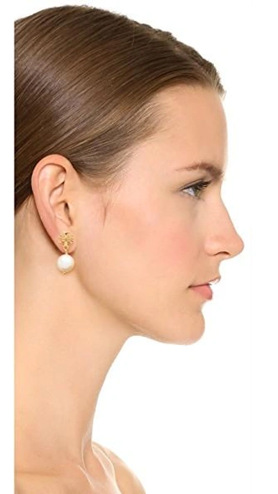 Shop Tory Burch Swarovski Crystal Imitation Pearl Drop Earrings In Ivory/shiny Gold