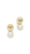 Tory Burch Swarovski Crystal Imitation Pearl Double Stud Earrings In Ivory