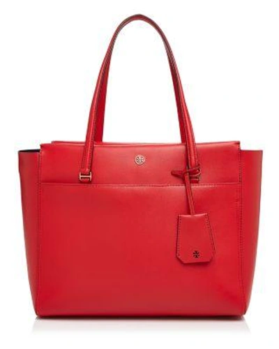 Shop Tory Burch Parker Leather Tote In Cherry Apple Red/gold