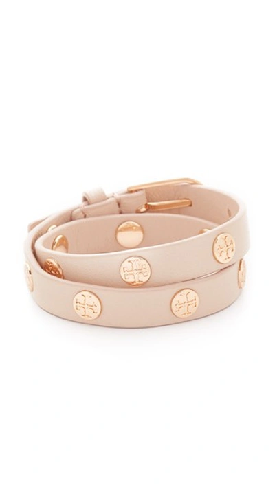 Shop Tory Burch Double Wrap Logo Stud Bracelet In Светлый Дуб/розовое Золото