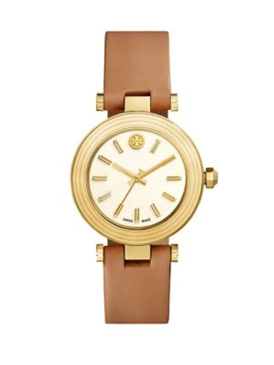 Tory Burch Classic T Goldtone Stainless Steel & Leather Strap Watch In Tan