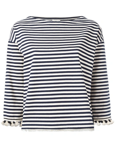 Moncler Pompom-embellished Striped Cotton Top In Blu Navybianco