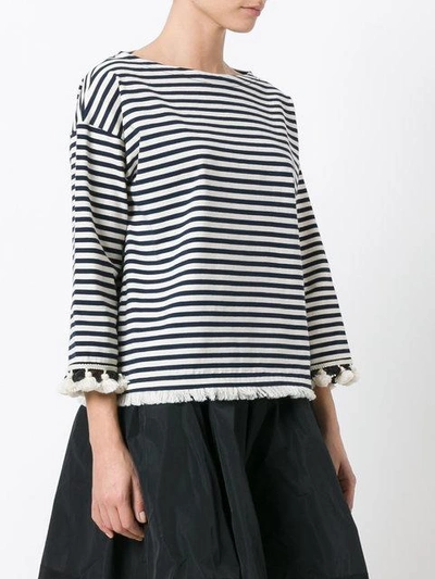 Shop Moncler Pom Pom Fringed Trim Striped Top In Blue