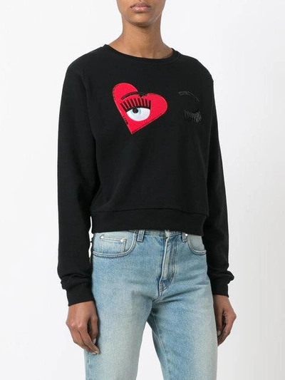Chiara Ferragni Heart Embroidered Cotton Sweatshirt, Black | ModeSens