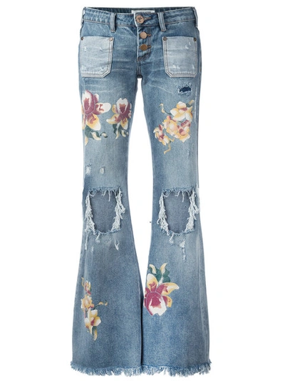 One Teaspoon Distressed Orchid Print Flared Jeans | ModeSens