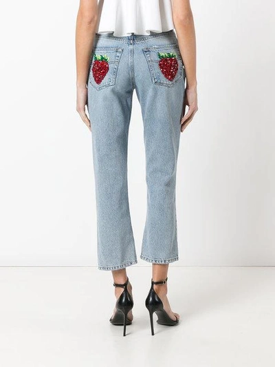 Shop Dolce & Gabbana Strawberry Embellished Cropped Jeans In Blue